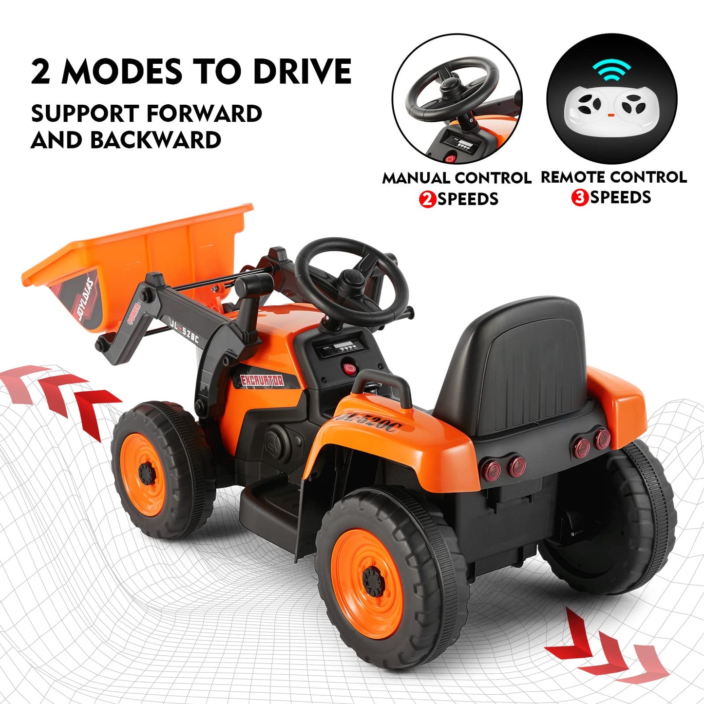 Joyldias 12V Ride On Excavator With 2.4Ghz Remote Control, Electric Construction Vehicle Bulldozer For Kids Digger With 3 Speeds, Bluetooth, Microphone Jack, Music, Lights, Orange