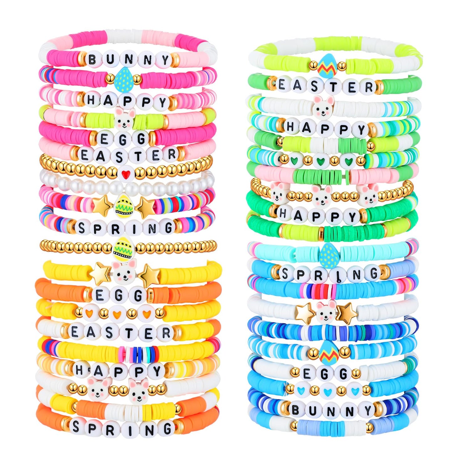 Landical 40 Pcs Happy Easter Bracelets For Women Colorful Stretch Egg Bunny Bracelets Easter Party Supplies