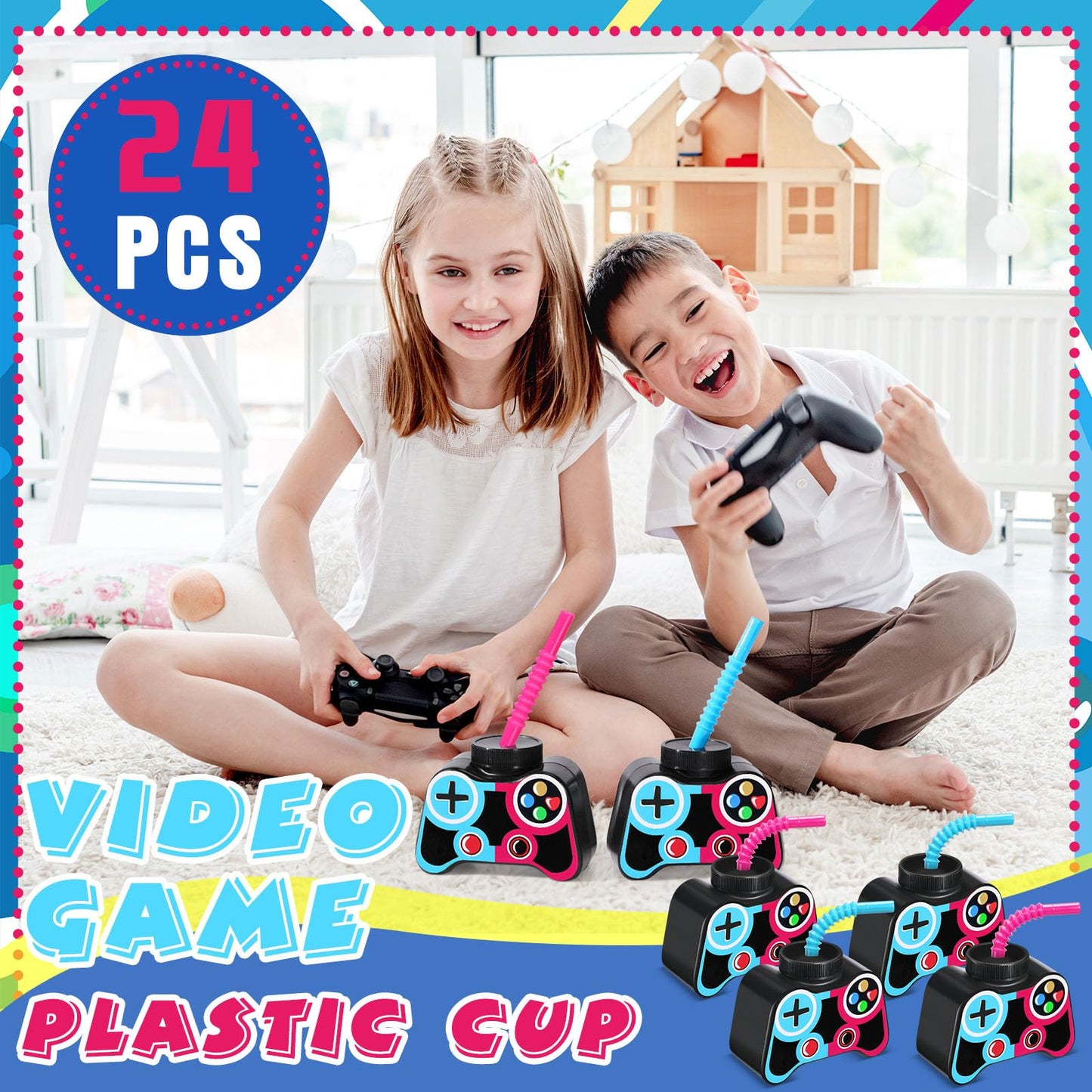 Mifoci 24 Pcs Plastic Video Gaming Party Favor Gift Supplies Cups With Straw And Lid,10Oz Gamer Birthday Party Video Game Shape