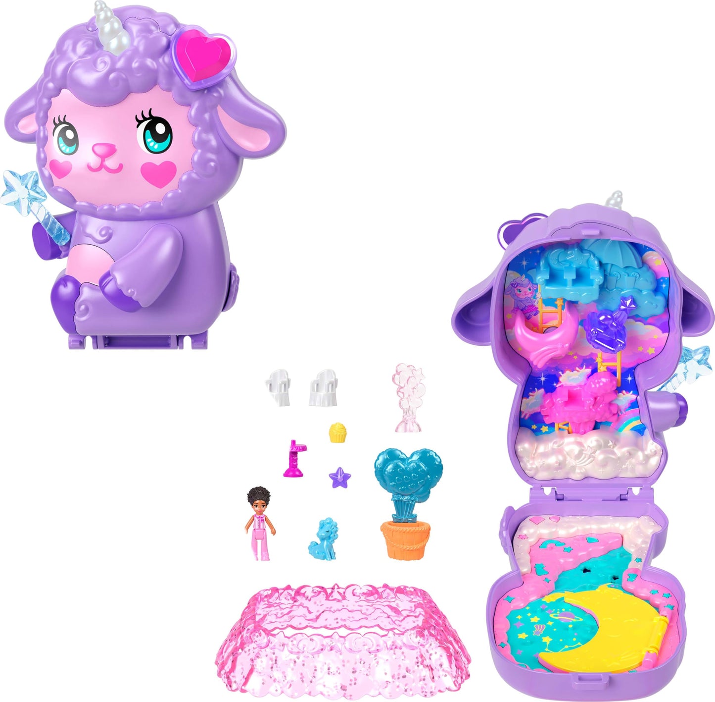 Polly Pocket Dolls & Playset, Cozy Dreamland Lamb Compact, Travel Toy with 1 Micro Doll, Pet Unicorn, Food & Fashion Styling Acc