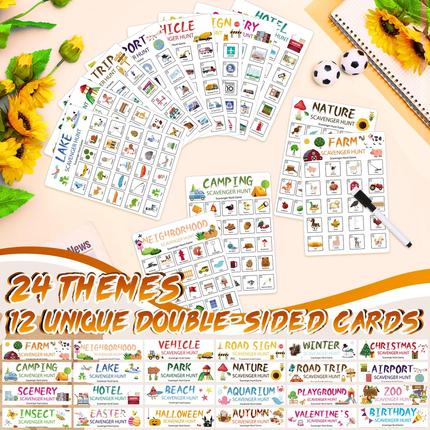 Hoolerry 12 Pcs Scavenger Hunt For Kids 24 Themed Scavenger Hunt Cards Nature Camping Road Trip Vehicle Birthday Valentines Game