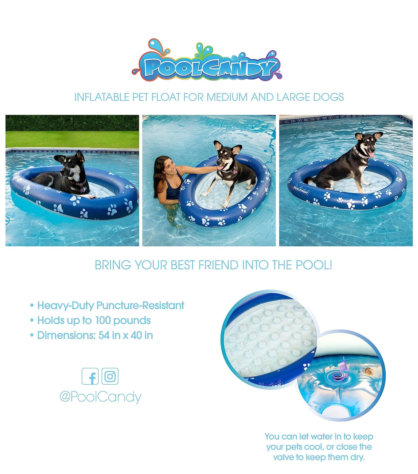 Poolcandy Inflatable Pet Float - Easy Set Up Doggy Pool Floats (Up-To 100Lb Paw Large)