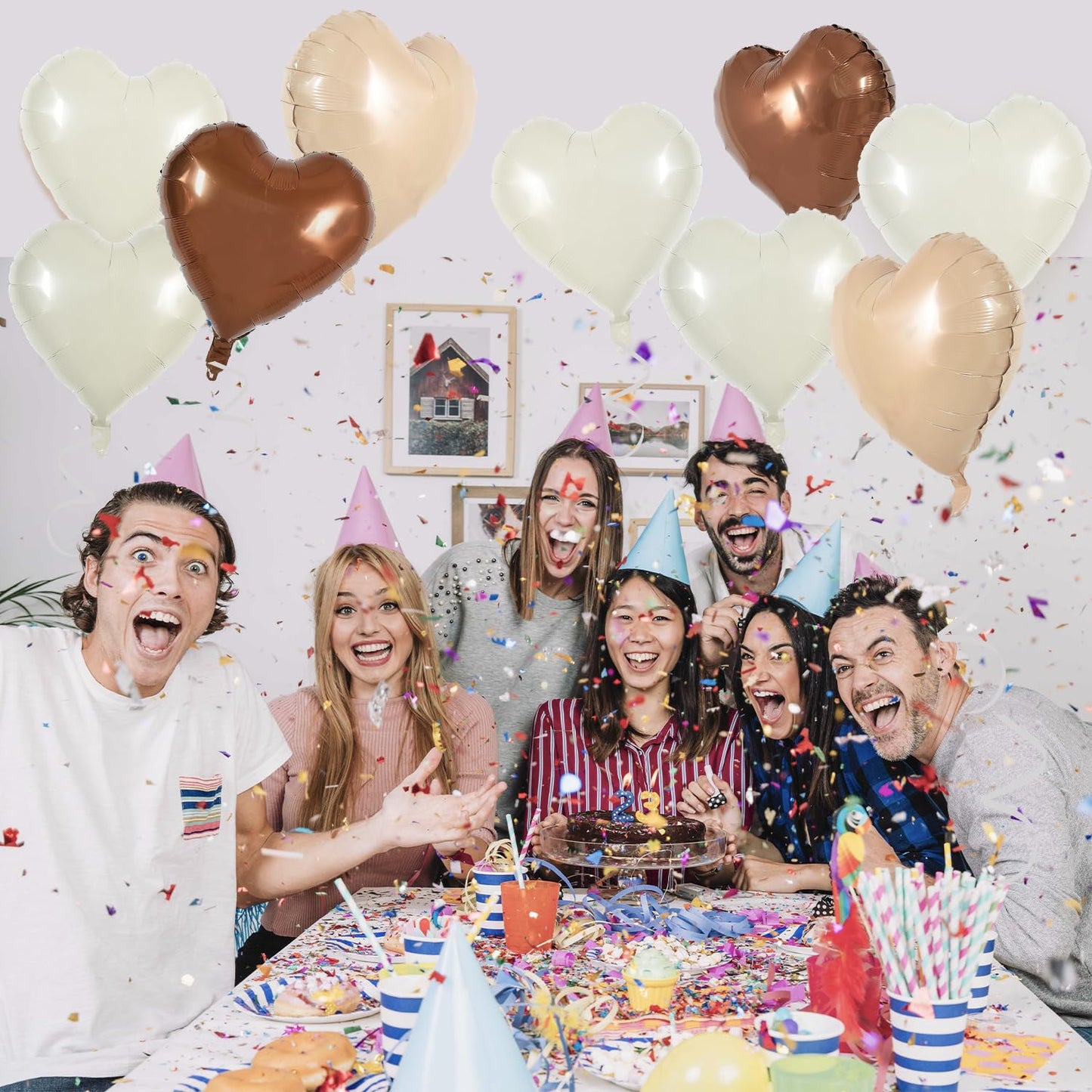 TONIFUL 30Pcs 18 Inch Cream White Heart Balloons Light Brown Coffee Heart Shape Foil Balloons Decoration for Birthday Valentine