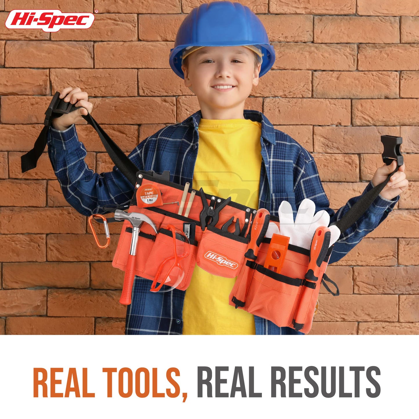 Hi-Spec 16pc Orange Kids Tool Kit Set & Child Size Tool Belt. Real Metal Hand Tools for DIY Building, Woodwork & Construction Le