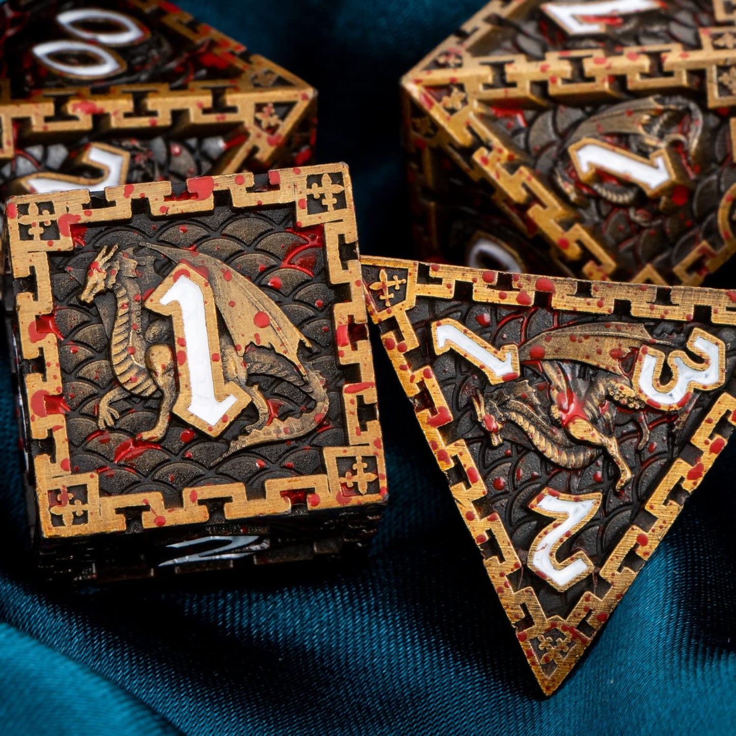 ARUOHHA 7PCS DND Metal Dice Set Antique Gold Blood Polyhedral Dice Set with Gift Box, Large D&D Dice for Dungeons and Dragons RP