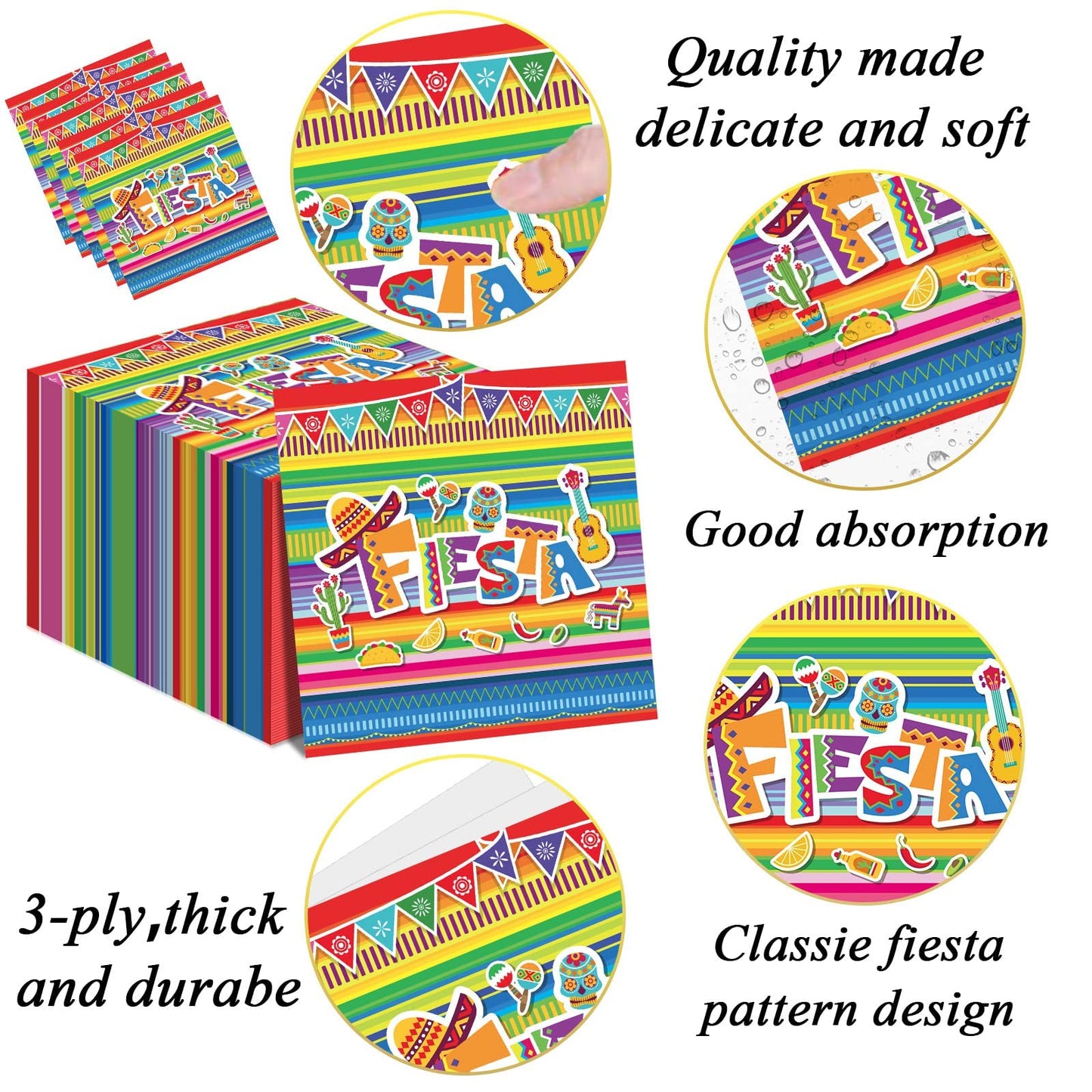 Fiesta Napkins For Cinco De Mayo Party Supplies Mexican Fiest Themed Luncheon Paper Napkins Disposable Stripes Flags Birthday Party Table Decorations (50 Pack)