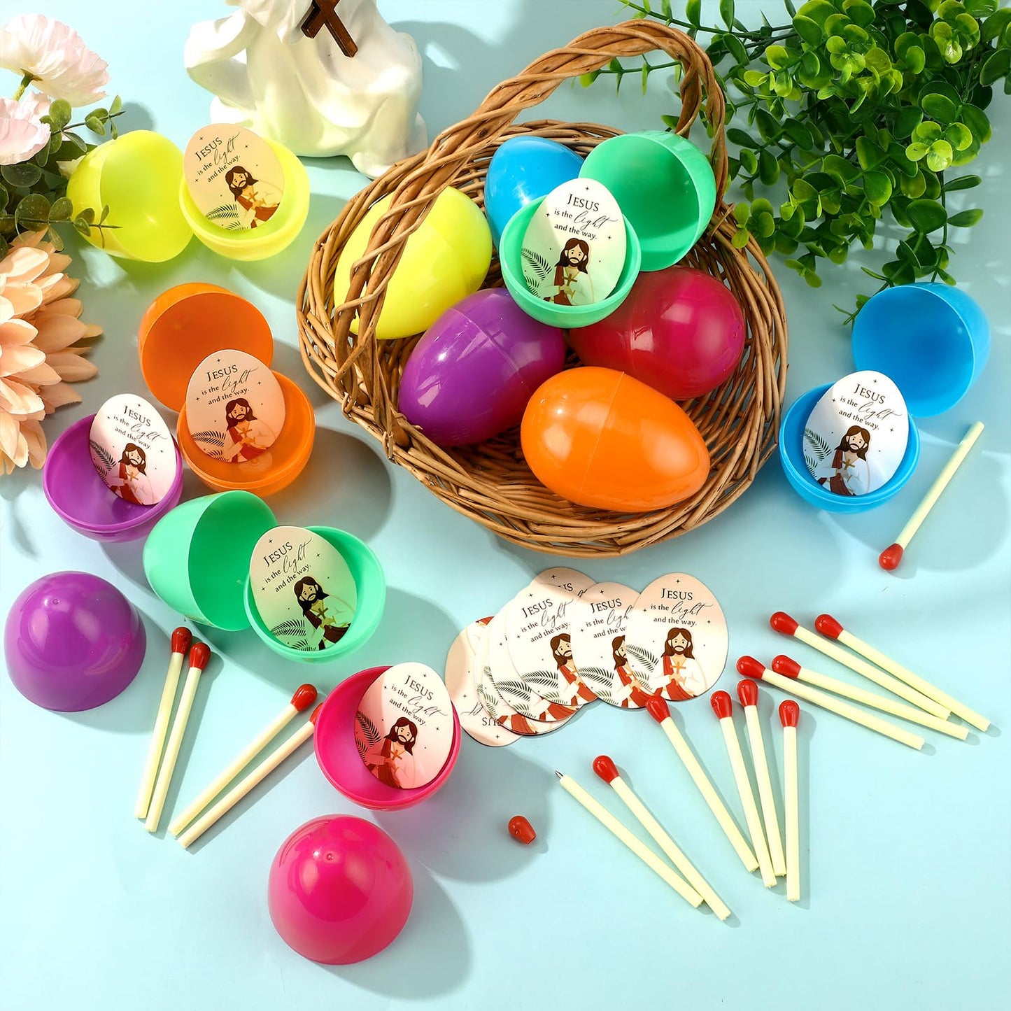 Ctosree 24 Sets 3.35 Inch Christian Easter Eggs Filler Stuffer with Match Shaped Ballpoint Pens and Jesus Is The Light Gift Card