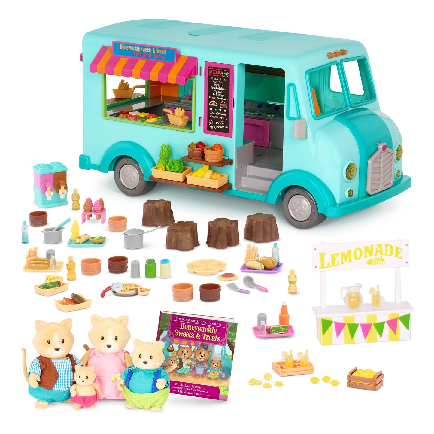 Li’l Woodzeez Honeysuckle Sweet & Treats Playset - 107 Pcs Food Truck & Pretend Play Food for Kids 3+ - Cat Family with Storybook