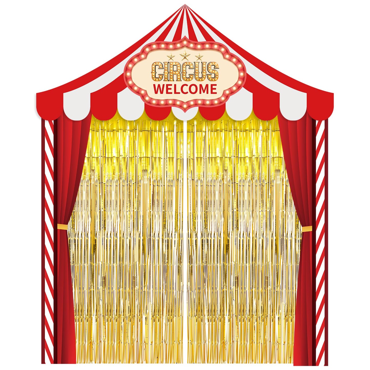 Bafeil Circus Tent Backdrop Decorations Set - Carnival Party Porch Banner with Gold Foil Fringe Curtains, Photo Booth Background