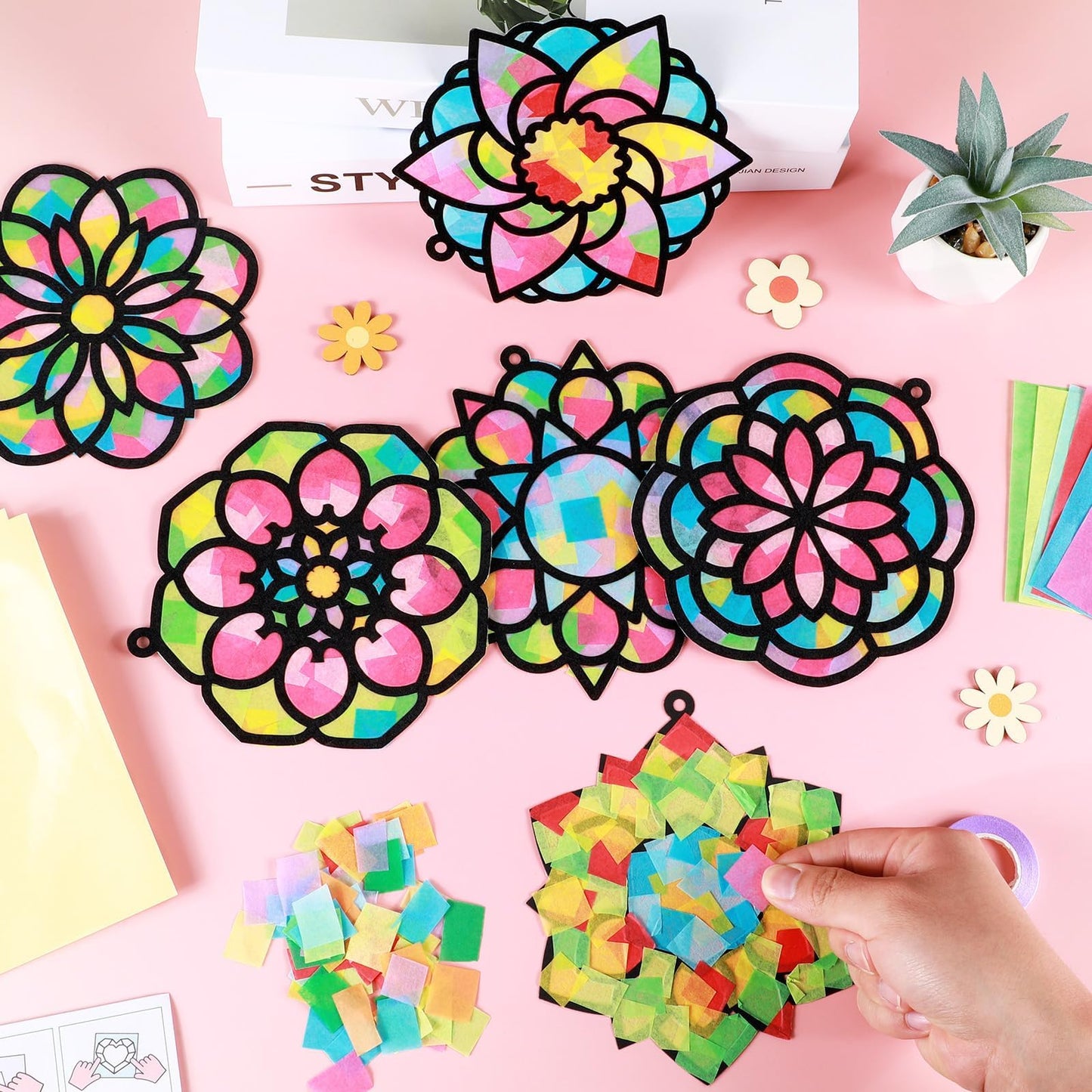 Qyeahkj 36 Set Mandala Suncatchers Crafts for Kids DIY Mandala Window Tissue Paper Craft Kit Art Flower Hanging Decor for Summer