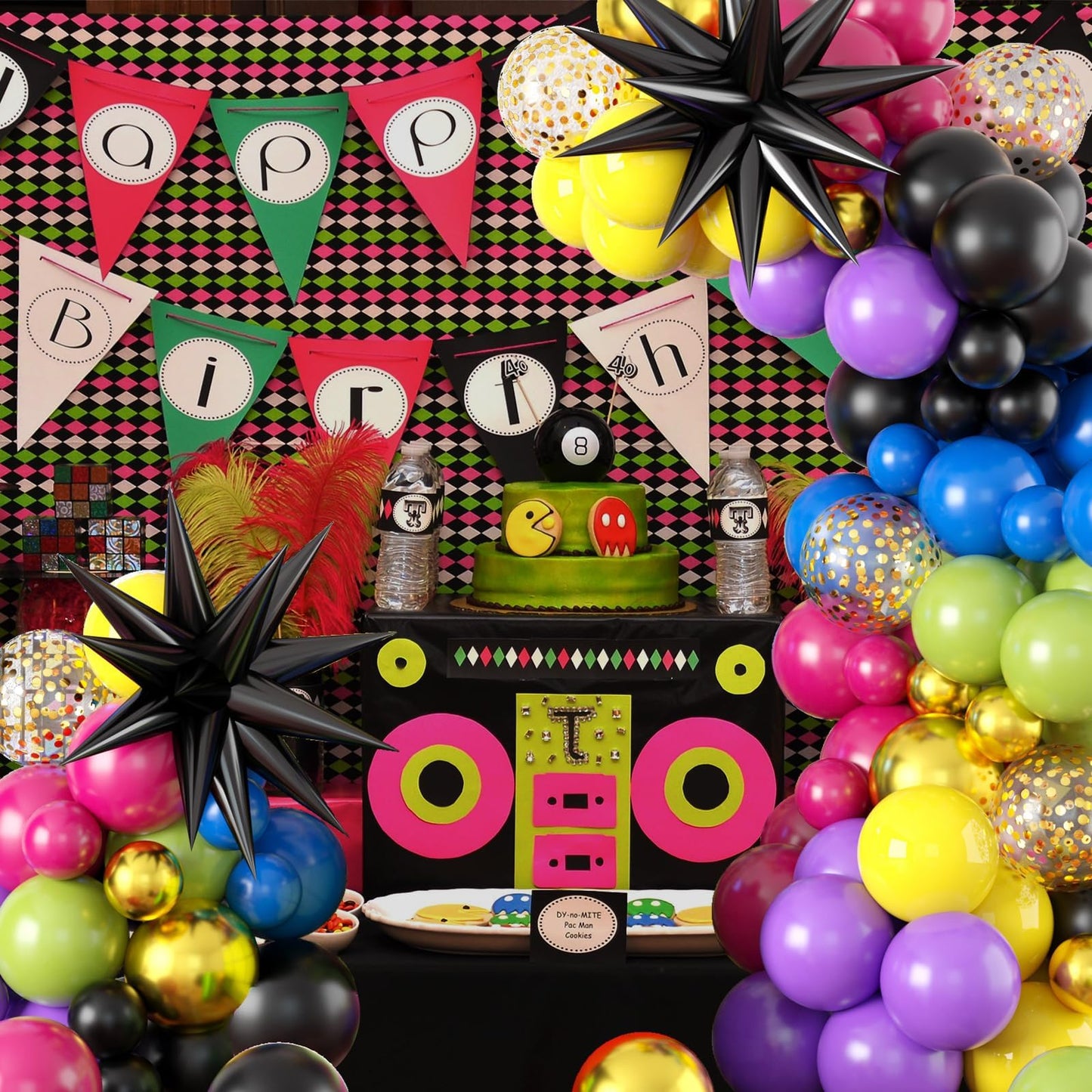 80S 90S Theme Party Balloon Garland Arch Kit, Black Rose Red Purple Green Blue Yellow Metallic Gold Latex Balloons Decorations B