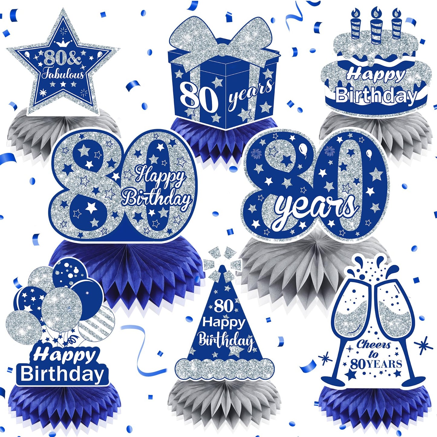 8Pcs Blue 80Th Birthday Decorations Navy Blue Silver Happy 80Th Birthday Table Honeycomb Centerpieces For Table Decor 80Th Birthday Table Topper For Men Women 80Th Birthday Anniversary Party Supplies