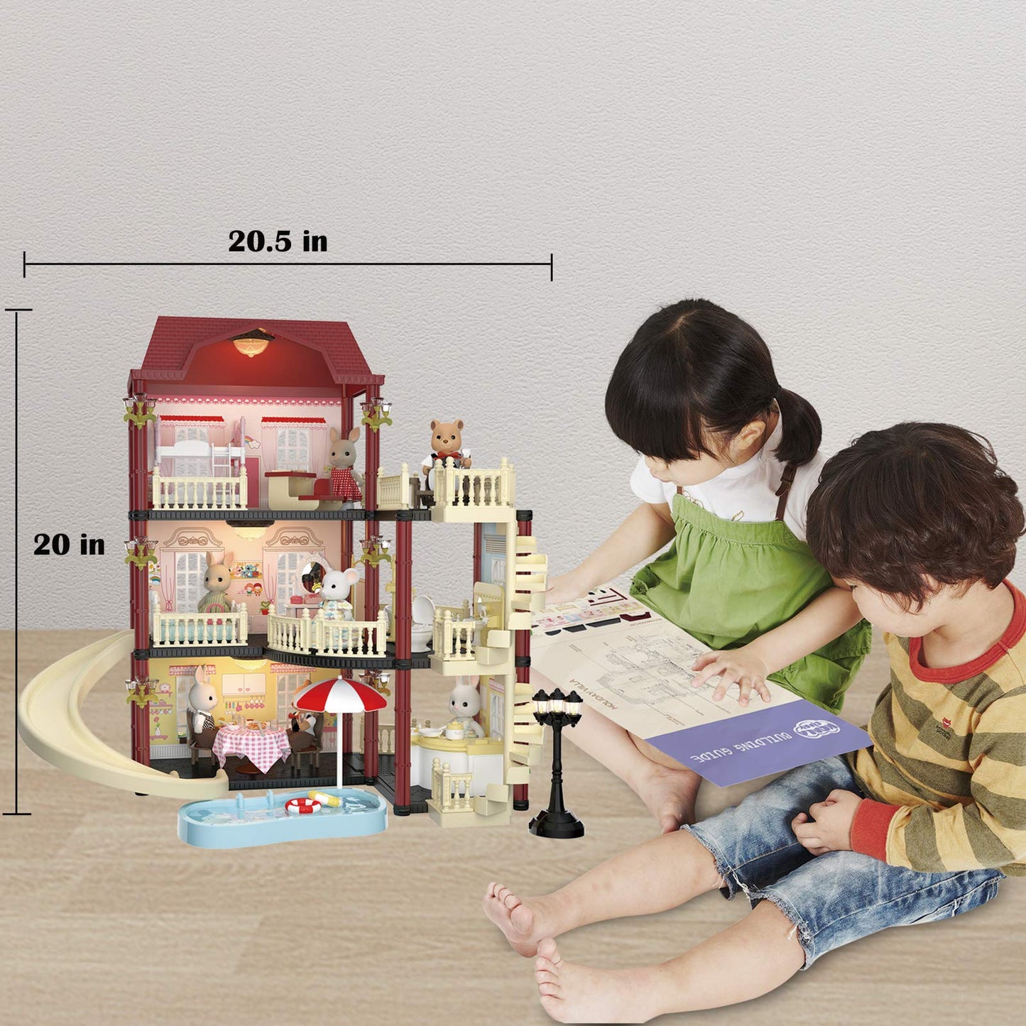 Mitcien Dollhouse Kit Playset Little Critters Bunny Dolls For Girls With Swimming Pool And Slideside Family Toys For Toddler 3 4 5 6-Year-Old Girl
