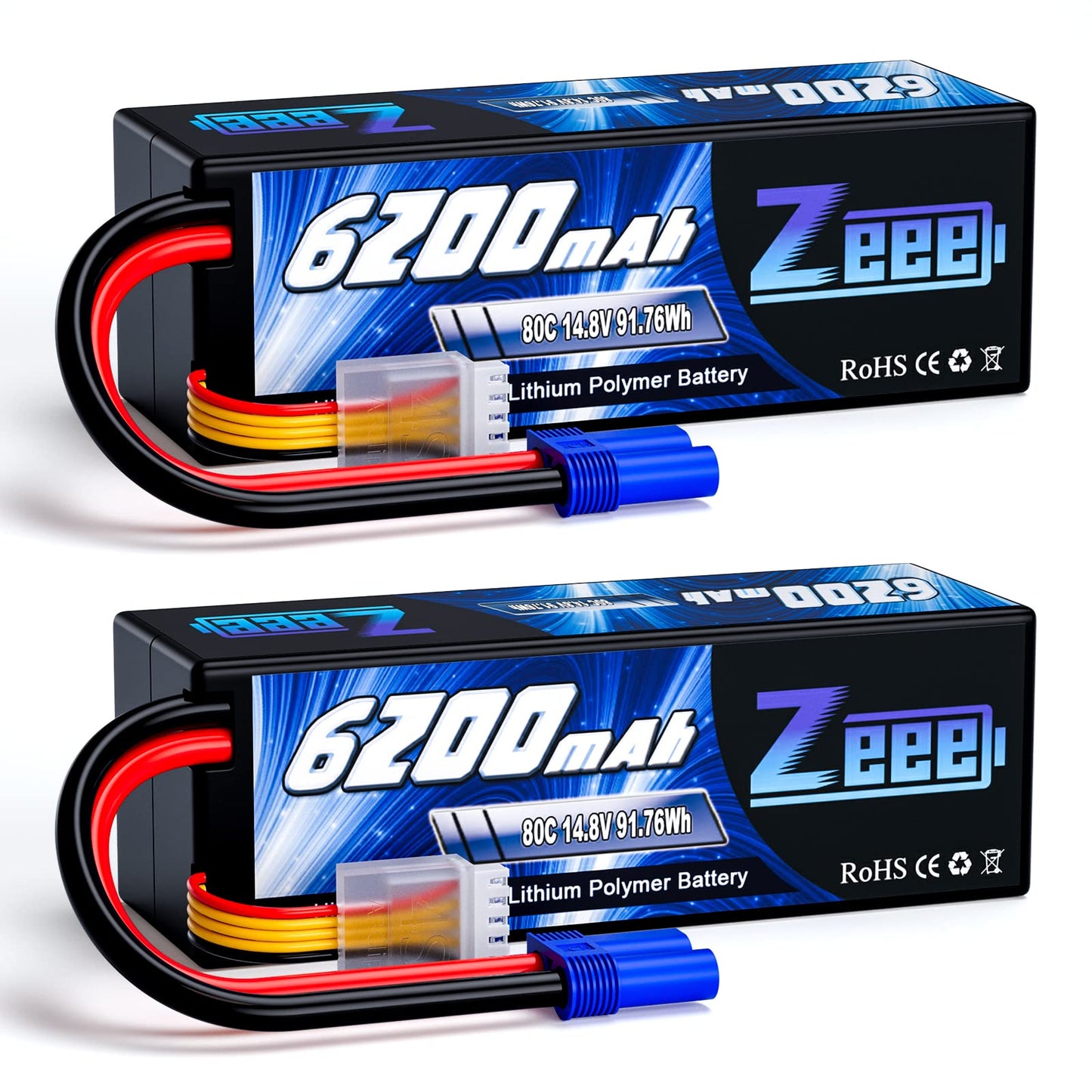 Zeee 4S Lipo Battery 6200mAh 14.8V 80C Hard Case Battery with EC5 Connector for Car Truck Tank RC Buggy Truggy Racing Hobby(2 Pa