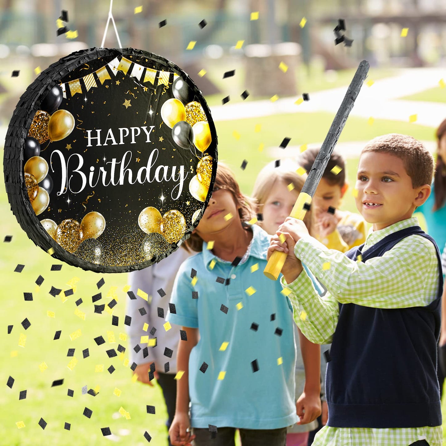 Sinmoe Birthday Piata with Stick Blindfold and Confetti for Boys Girls Men Women Birthday Party Supplies(Black and Gold)