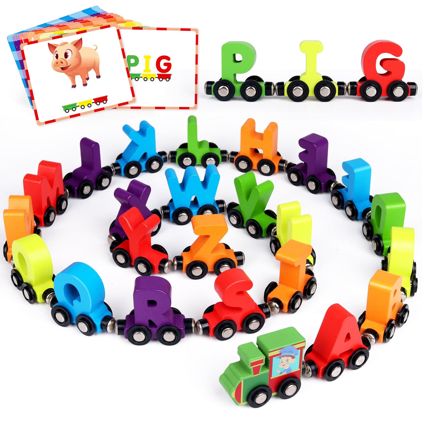 Helsort 27 Pcs Magnetic Wooden Alphabet Train Set, Abc Learning Toy With 42 Flash Cards, 1 Engine And Storage Bag, Educational L