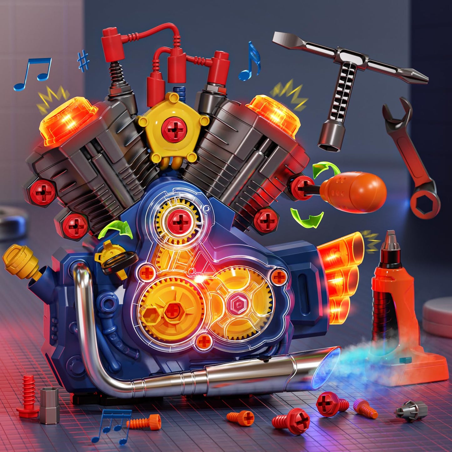 Jovow Engine Building Kit, Kids Mechanic Toys for Motorcycle Engine Toy, STEM Engine Model Kit Toy with Cool Light and Music, Ed