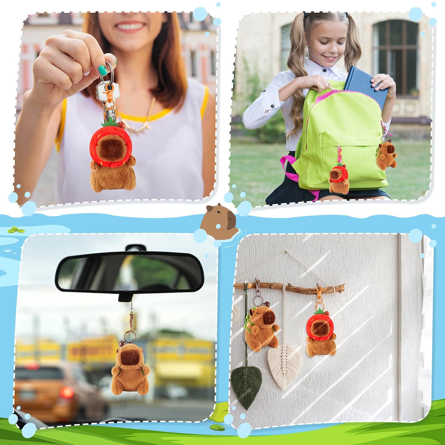 Achwishap Capybara Plush Keychain Set - Cute Brown Stuffed Animals, Turtle & Strawberry Hat, Soft Cotton Toys for Kids & Adults