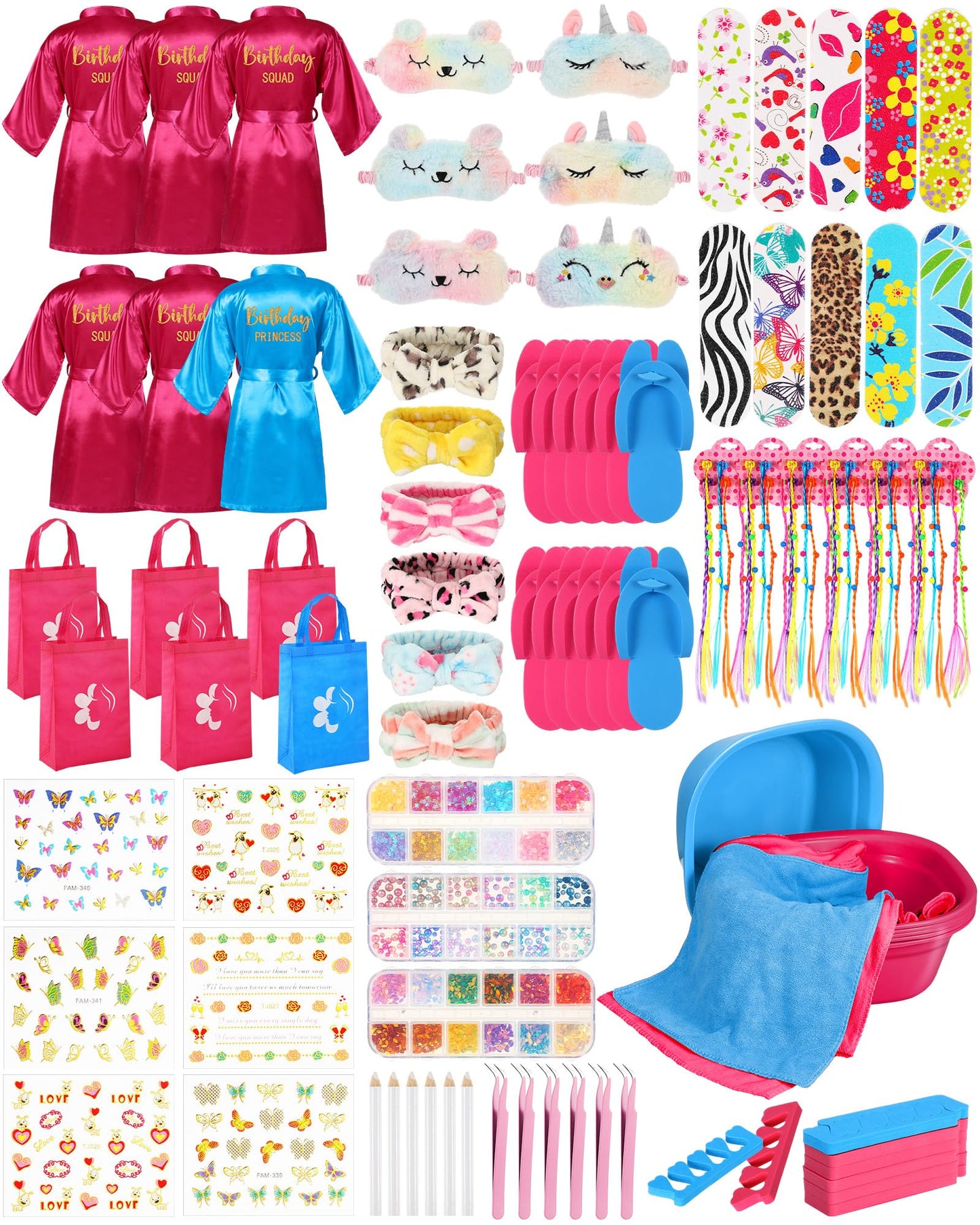 Suhine 6 Set Spa Party Supplies For Girls, Kids Satin Robes Nail Salon Kit Spa Kit Accessories For Birthday Party Favors (Peacoc