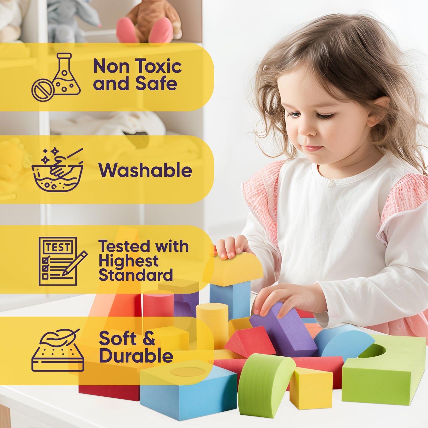 Set Of 34 Jumbo Large Foam Blocks For Toddlers - Stacking Soft Blocks For Kids With Shapes & Colors Learning - Construction Buil