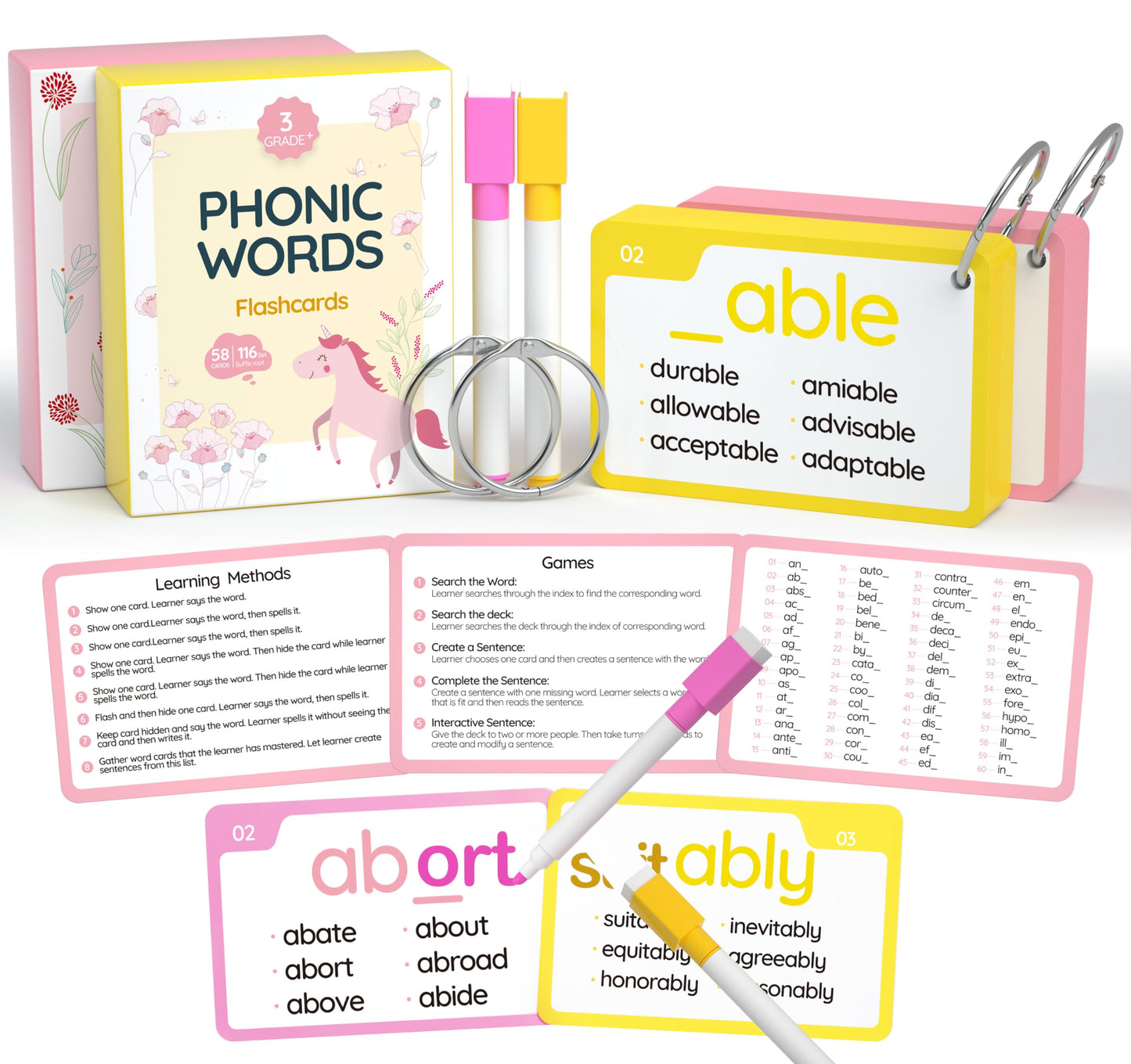 Wjpc 232 Set Phonics Suffix Prefix Words Flash Cards,Sigh Words Flash Cards, Phonics Flash Cards For 7,8,9,10,11,12 Years 2Nd, 3Rd, 4Th, 5Th Grade Boys&Girls&Kids Learning Writing Reading