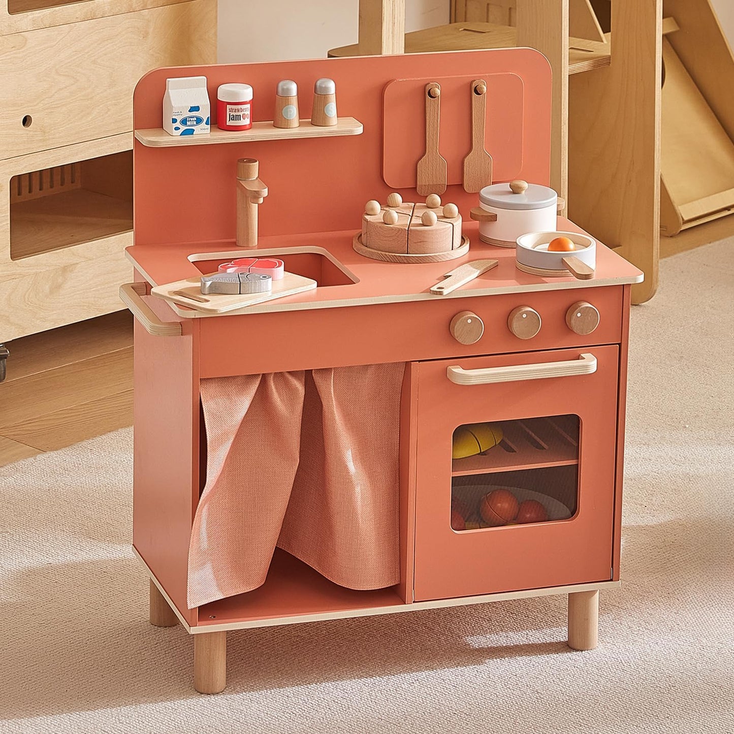 Giant bean Wooden Play Kitchen, Nordic Play Kitchen for Toddlers 1-3, Kitchen Playset for Kids with Cookware Accessories, Preten