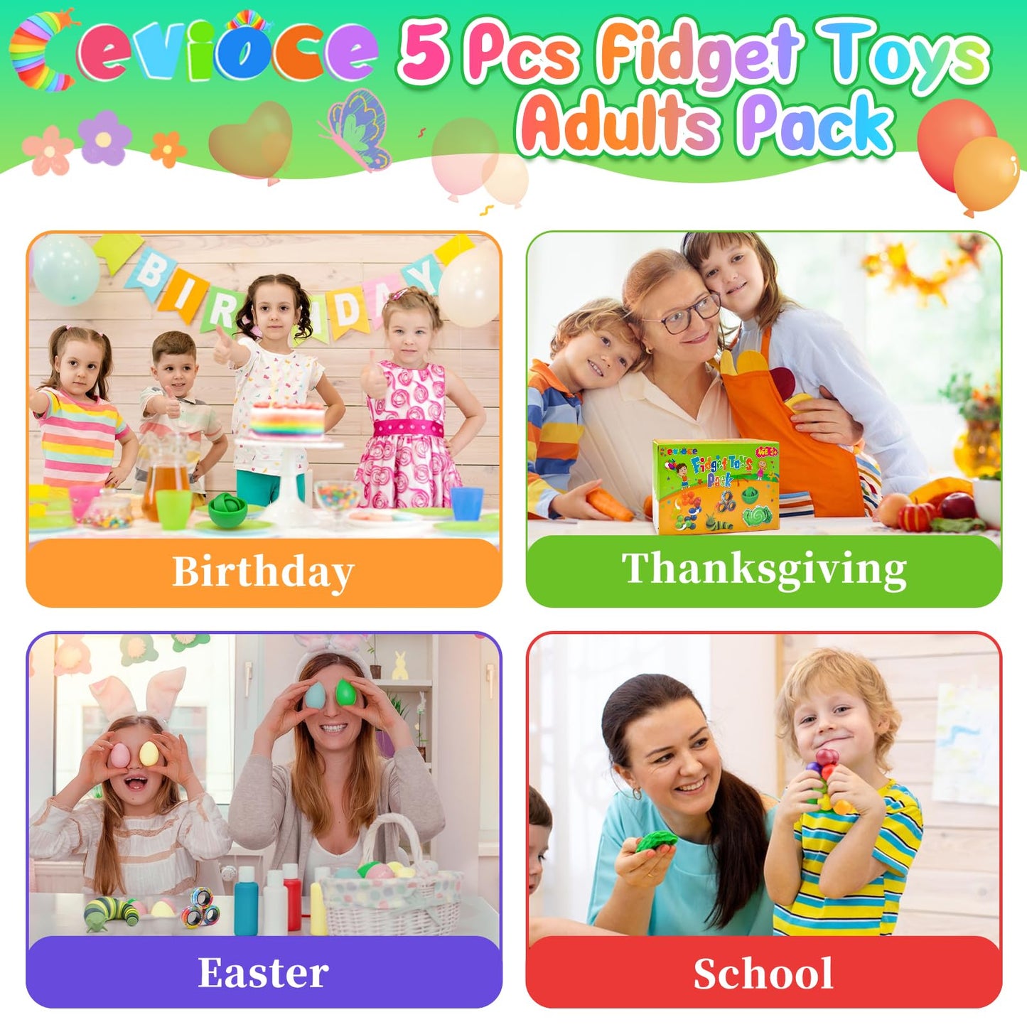 Cevioce 5Pcs Fidget Toys Adults Pack,Stocking Stuffers For Teens Boys Girls,Autism Sensory Toys With Fidget Spinner Slug Magnetic Rings,Squishy Fidget Toys Adhd Stress Relief,Party Favor For Kid-O