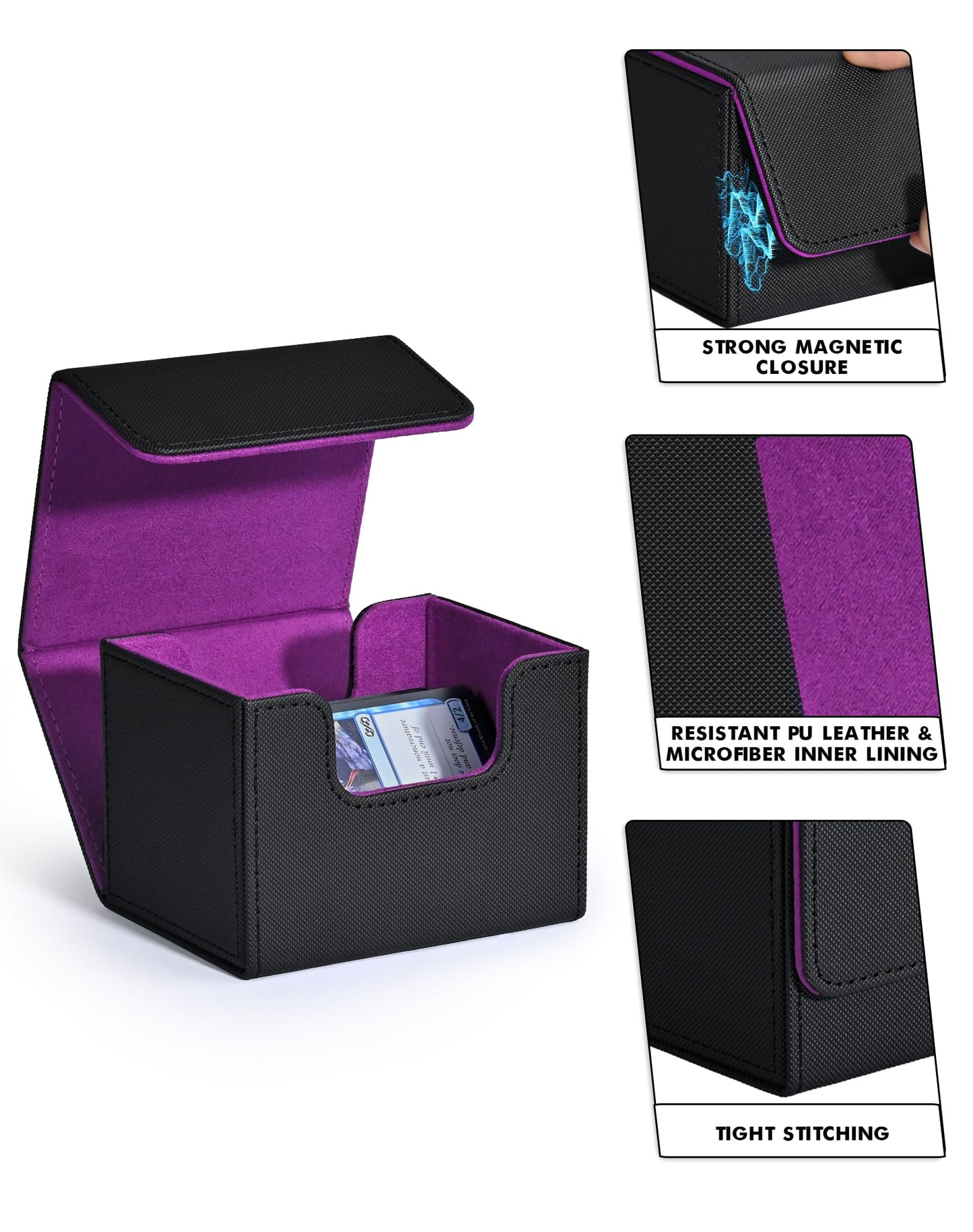 Zlca Card Deck Box For Trading Cards, Mtg Commander Deck Box Holds 120+ Single Sleeved Cards, Leather Magnetic Card Storage Box Fits For Tcg Ccg Magic Cards (Black& Purple)