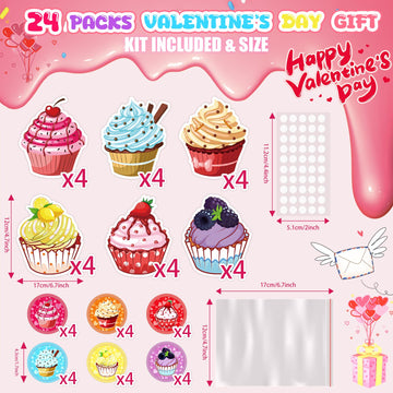 Valentines Day Gifts For Kids Classroom School, 24 Pack Cupcake Themed Slime Valentines Day Cards For Girls Boys, Party Favors,