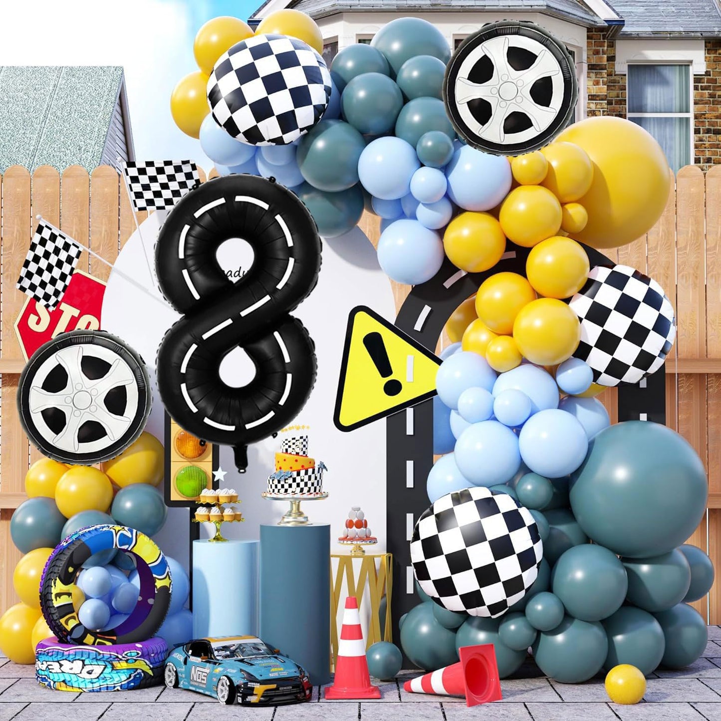 Race Car Birthday Balloons Decorations, 40 Inch Racetrack Black Number 8 Balloon, Large Mylar Black 8 Balloon For 8St Birthday R