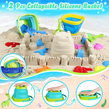 Beach Toys, 36Pcs Dinosaur Sand Toys for Kids Toddlers, Sandbox Toys with 2 Truck, Collapsible Beach Bucket, Mesh Bag, Sand Mold