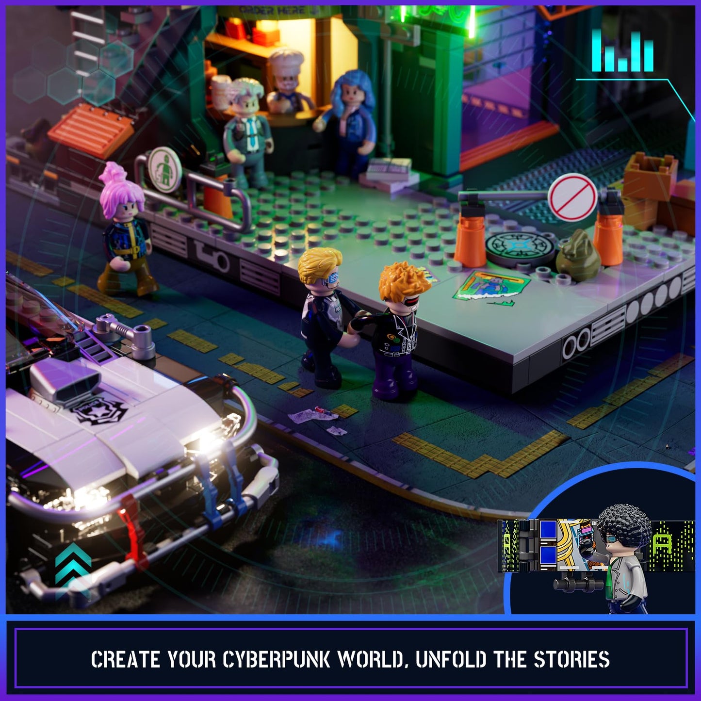 Funwhole Police Patrol Car Lighting Building-Bricks Set - Cyberpunk City Car Chase Playkit With Officer 372 Pcs Stem Toys