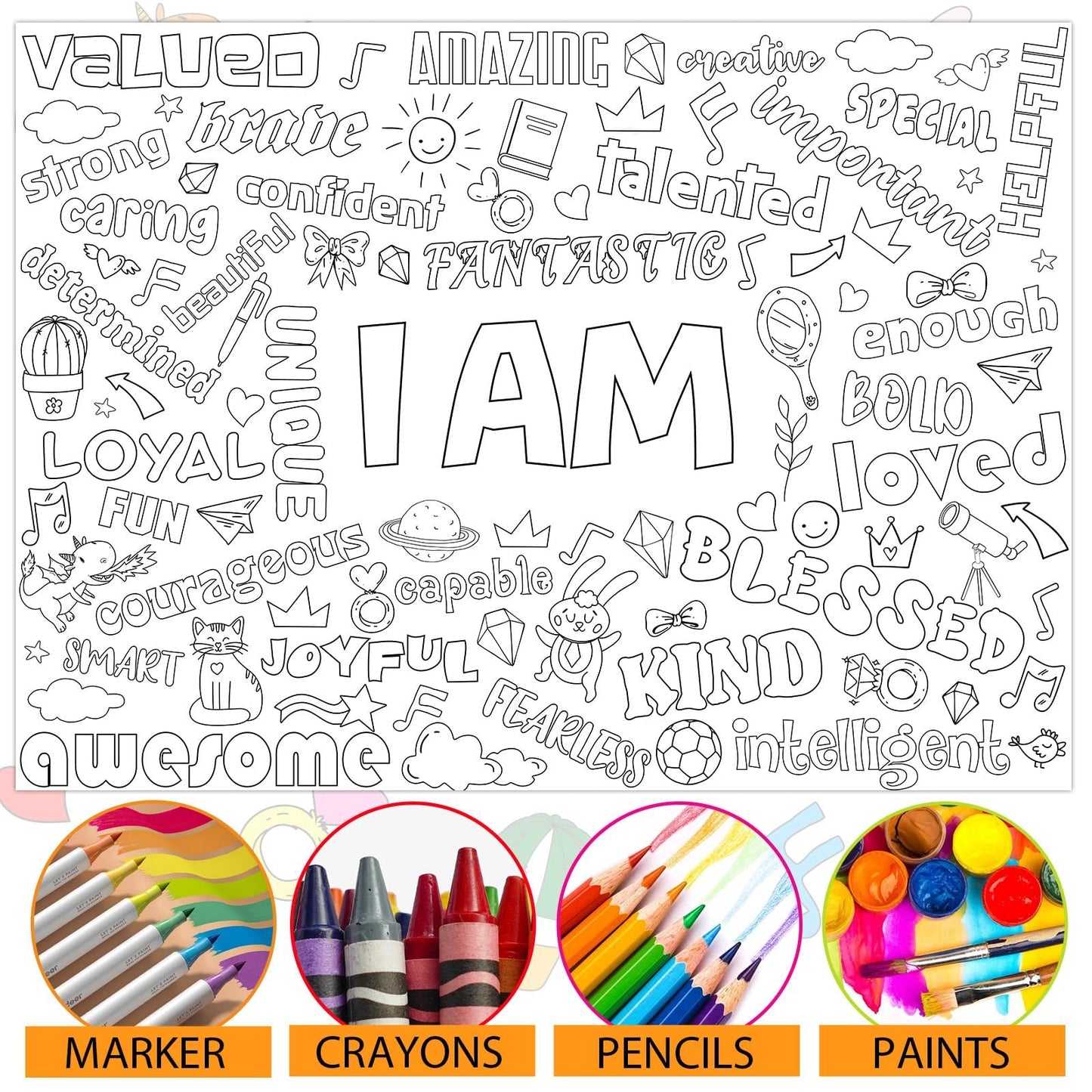 Naozinebi Positive Affirmations Coloring Poster For Kids Giant Coloring Poster Large Positive Coloring Tablecloth Jumbo Coloring