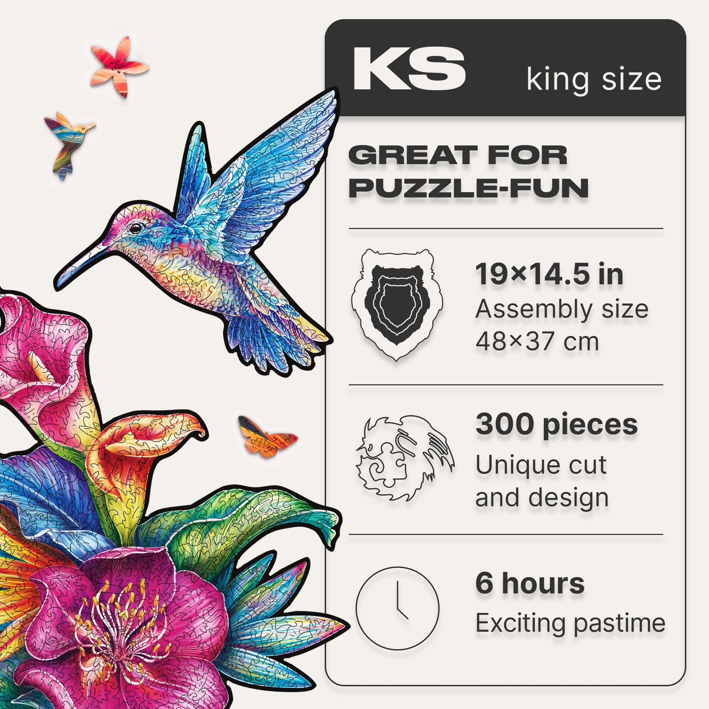 Unidragon Original Wooden Jigsaw Puzzles - Elusive Colibri, 300 Pcs, King Size 19''X14.5'', Beautiful Gift Package, Unique Shape