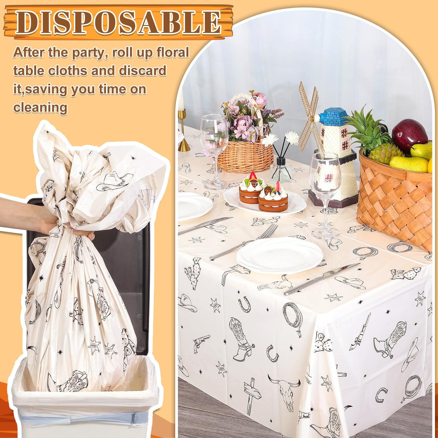 NatNarr 3 Pack Western Cowboy Party Decorations Tablecloth, 54 X 108Inch Rodeo Table Covers Disposable Cowboy Table Cloth Waterp