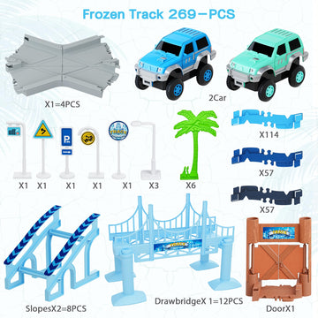 Toyk Track Car Toys Set - 269 PCS Racing Tracks & 2 Cool Race Cars, Flexible Plastic Playset for Ages 3-6, Blue, Model GD-178A