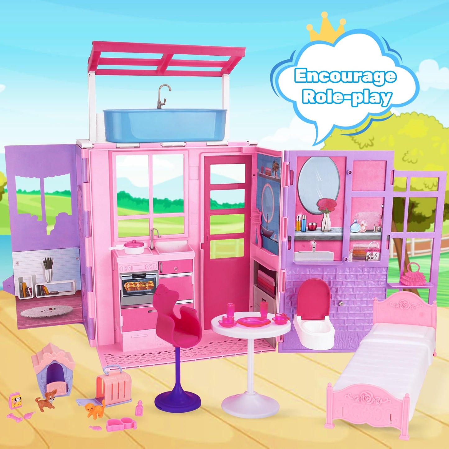 Doll House Playset For Girls, Portable Dollhouse Toy With Furniture & Accessories Including Kitchen, Bedroom, Bathroom, Pet Hous