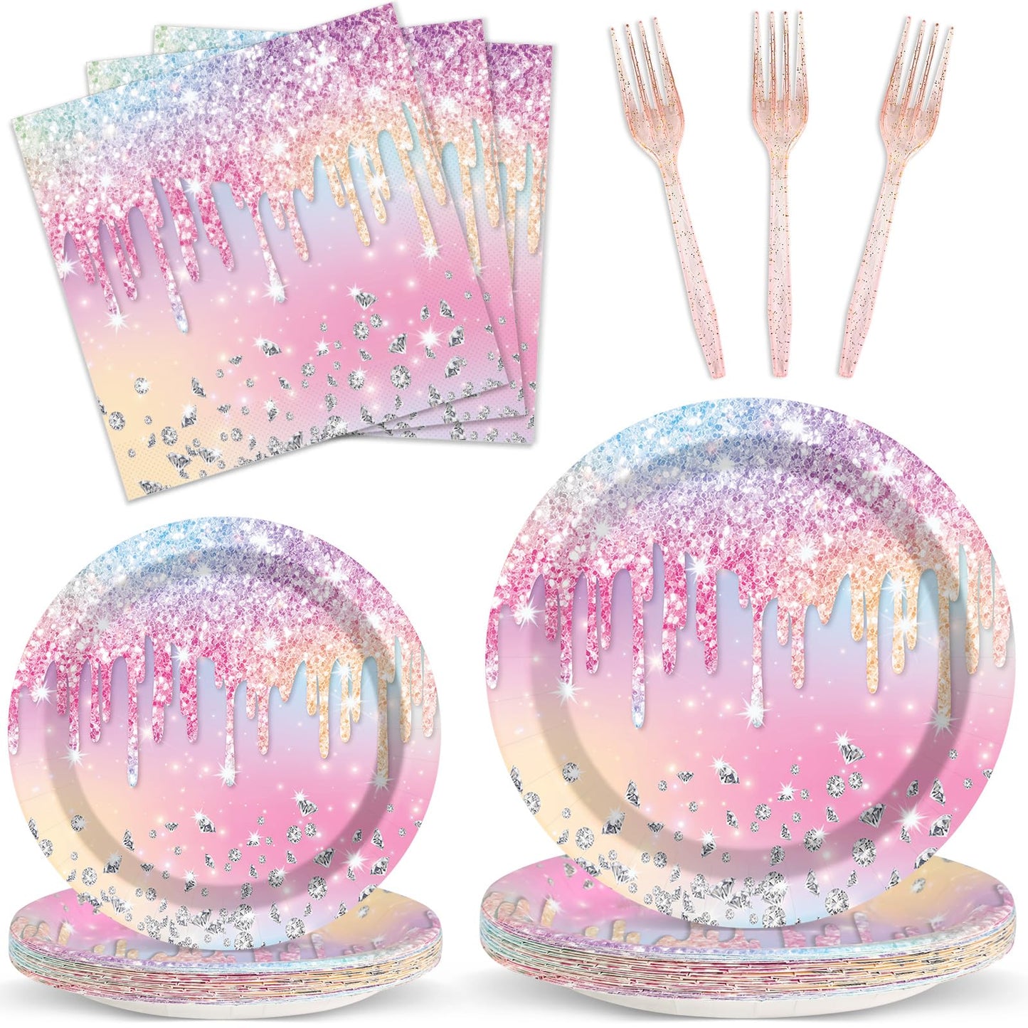 Qyeahkj 100Pcs Iridescent Diamond Birthday Party Plates Napkins Forks Supplies Set Holographic Tableware Party Supplies Gem Ston