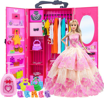 Zita Element 11.5 Inch Girl Doll Closet Wardrobe With Clothes And Accessories Set 101 Pcs Including Wardrobe Suitcase Clothes Dresses Swimsuits Shoes Hangers Necklace Bags And Other Stuff
