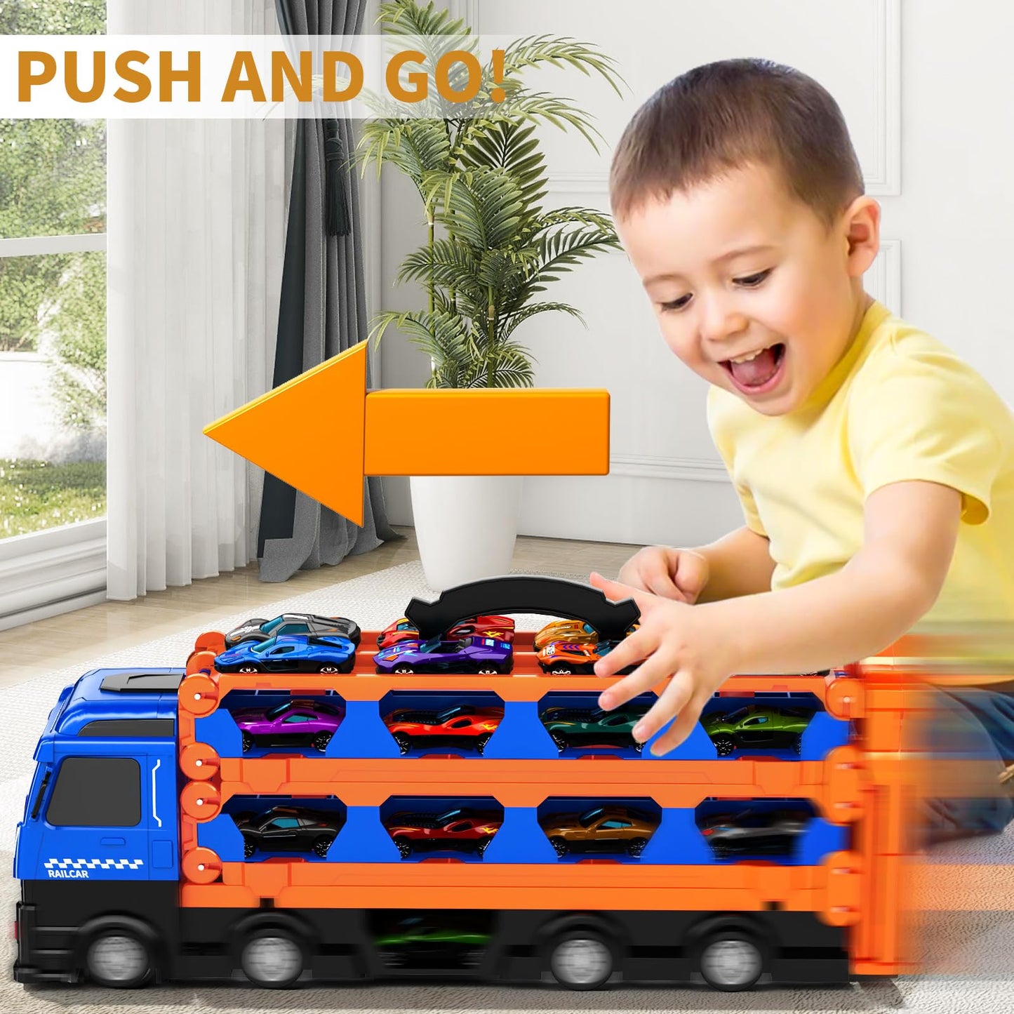 MSKOLER 78.7-Inch Racing Car Railway Truck Toy for Boys 2 3 4 5 6 7 Years Old - Transport Carrier Trucks, Foldable Tracks Storag
