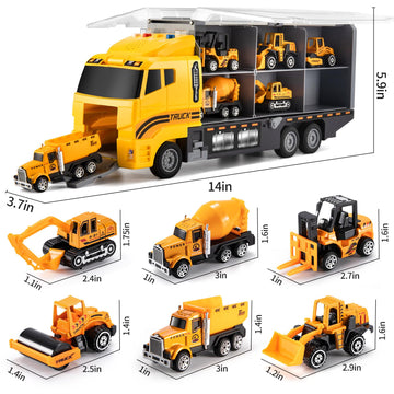 TEMI Die-cast Construction Car Carrier Toy Set with Play Mat, Multicolor, for Boys & Girls Ages 3-9, Alloy Metal Vehicle Toys