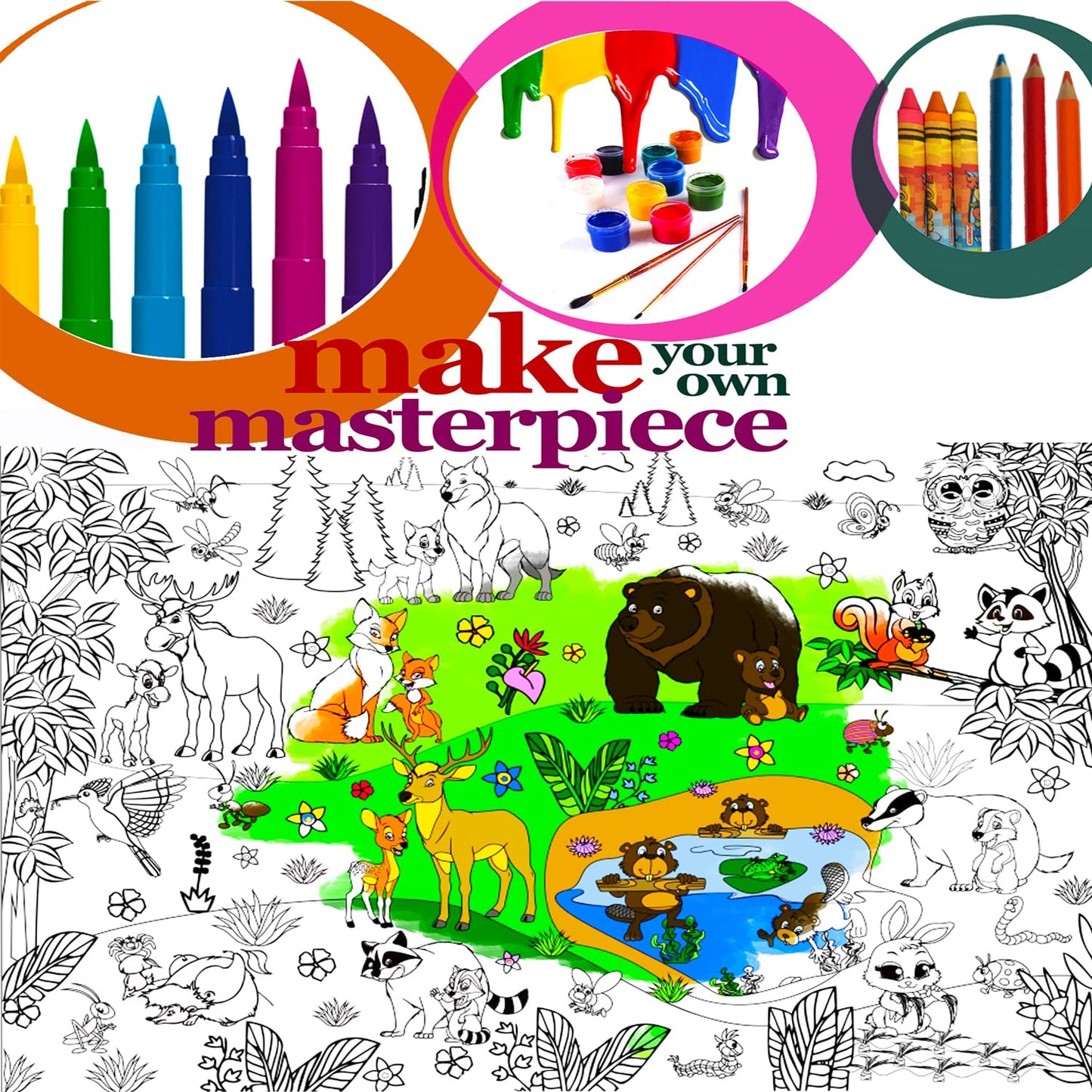 Alex Art Large Coloring Poster - Animals Giant Coloring Sheet For Children - Super Huge Wall Coloring Posters For Kids - Family Big Coloring Page - Jumbo Coloring Book Table Floor Size 38.5'X26.7'