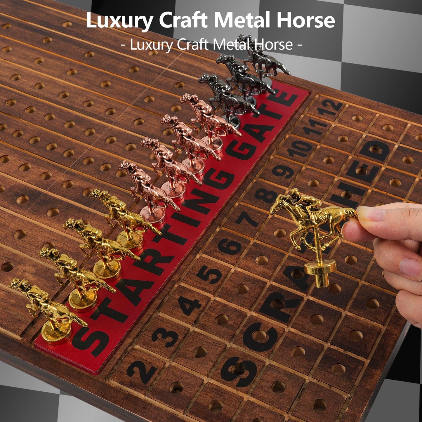 Wahartoly 21 In Large Luxury Thickened Wood Foldable Horse Race Board Game Finish Line Game With 11 Metal Model Horses 2 Sets Of