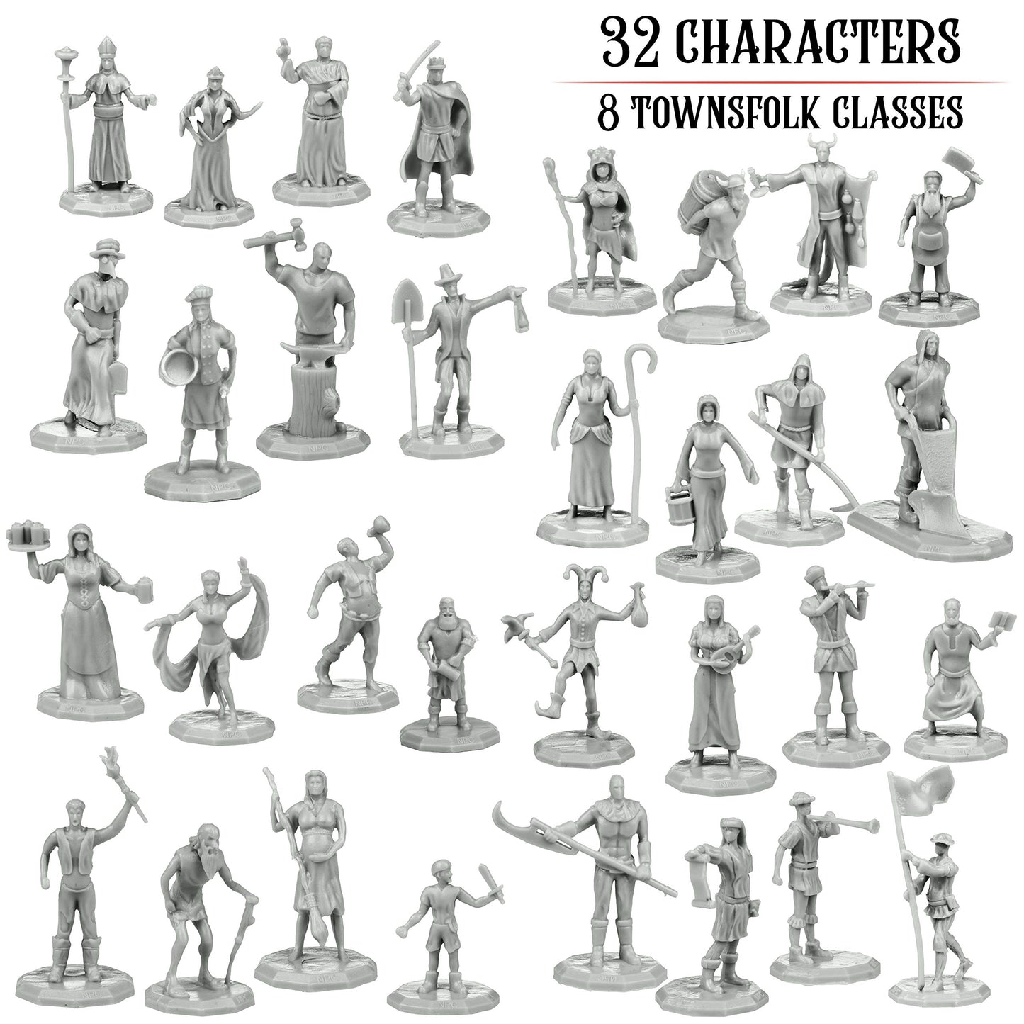 Townsfolk Mini Fantasy Figures Non Player Characters NPC - 32 Unique Miniatures - Nobility, Merchants, Peasants, Entertainers -