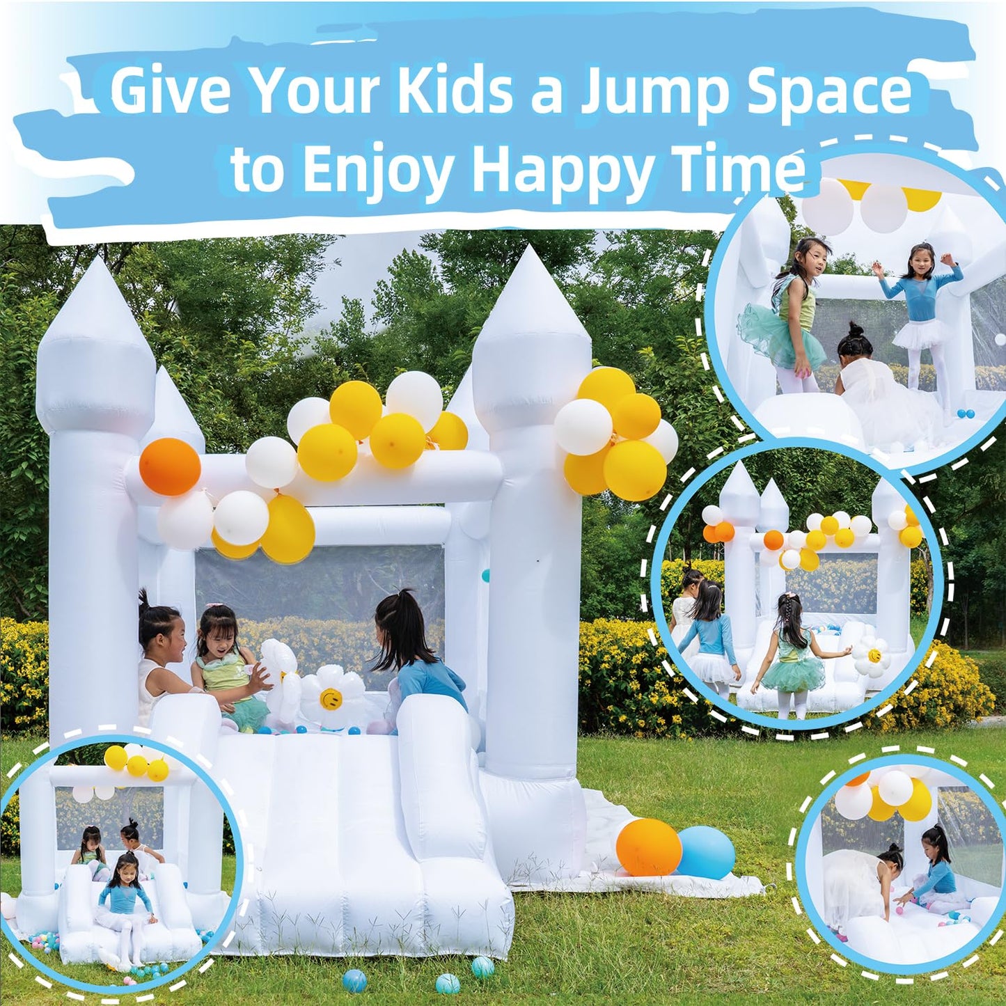 White Bounce House, Bounce House For Kids 3-6 Blower Included, Bouncy Castle With Slide Indoor Outdoor,8.9Ft L X 6Ft W X 7.1Ft H