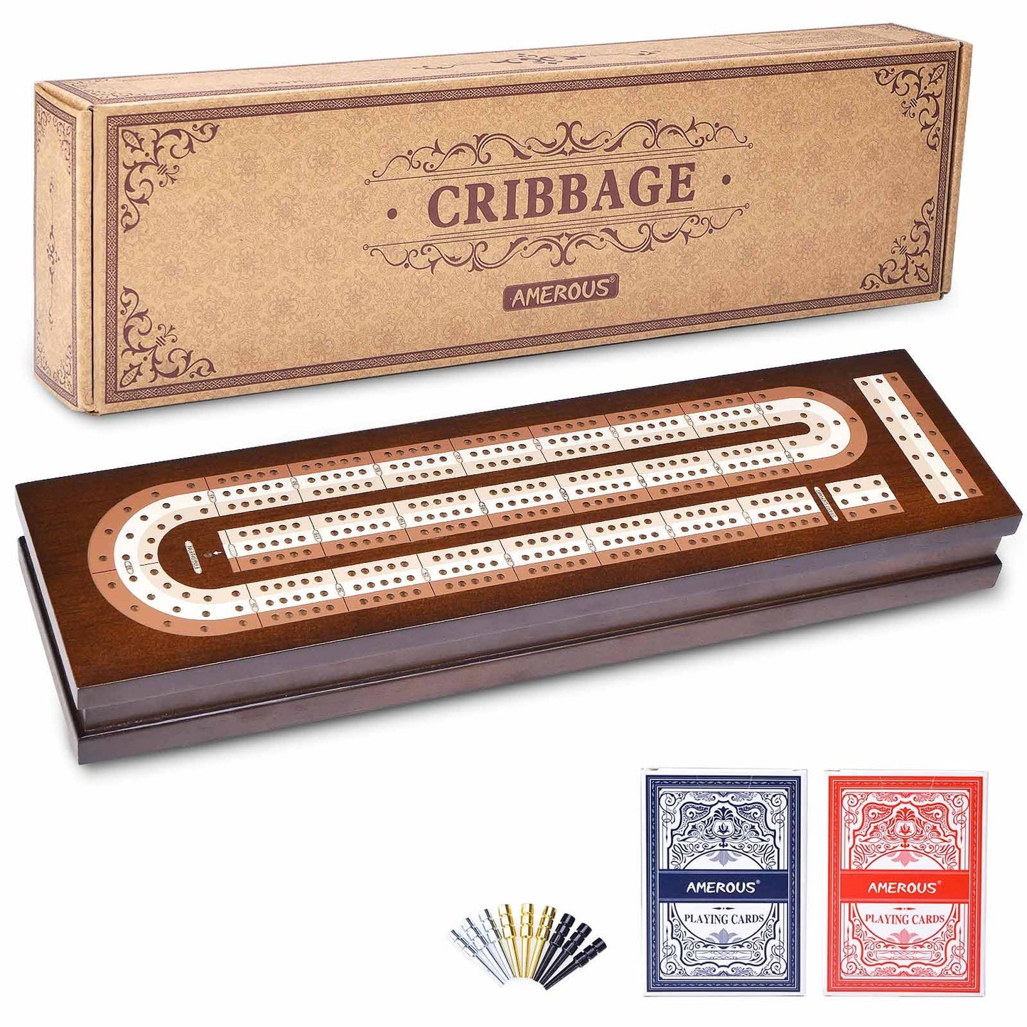 AMEROUS Wooden Cribbage Board Game Set - Magnetic Lock, Metal Pegs, 3 Track Board, Portable for Family Fun & Travel
