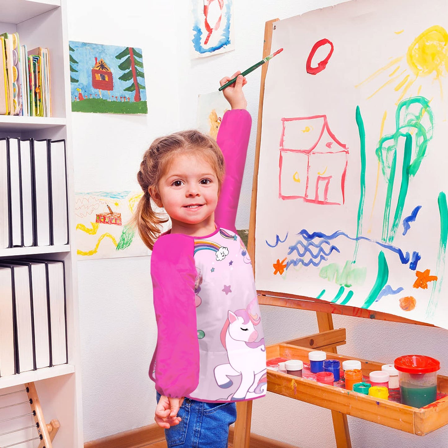 Bassion Toddler Art Smock, Smocks For Kids Artist Painting Aprons Waterproof Long Sleeve With 3 Pockets For Age 2-6 Years