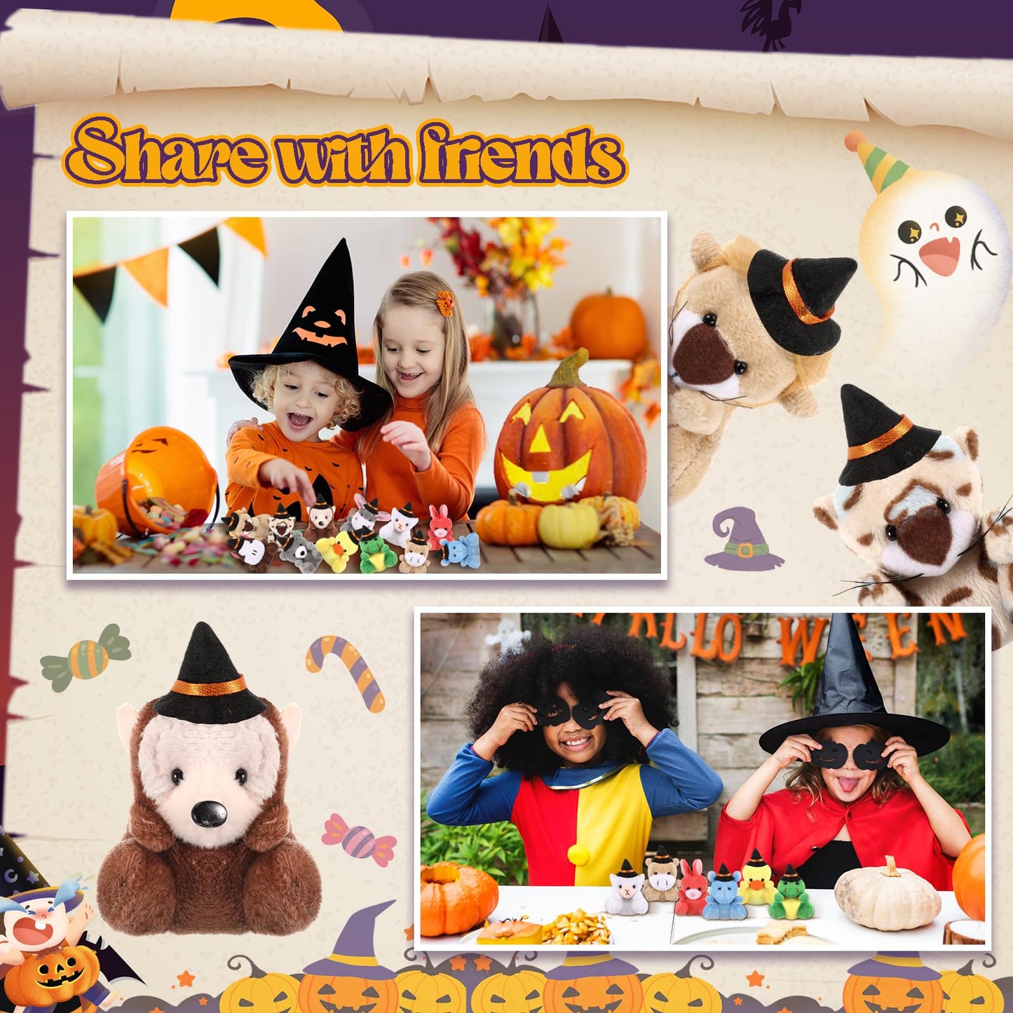 Blueweenly 12 Pcs Mini Halloween Stuffed Animal Toys - Small Animal Plush Key Chains With Black Witch Hat - Tiny Halloween Theme