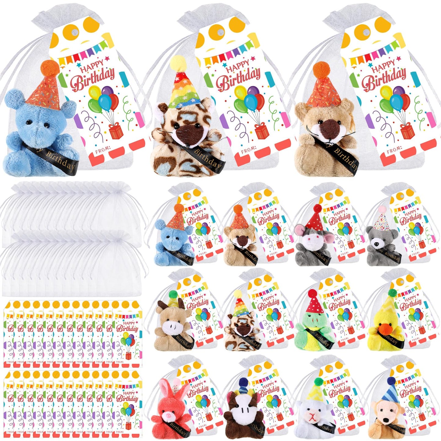 Wiwiqing 24 Set Birthday Mini Stuffed Animals Set Small Birthday Plush Toys Party Favors Soft Tiny Keychain Doll with Hats Gift