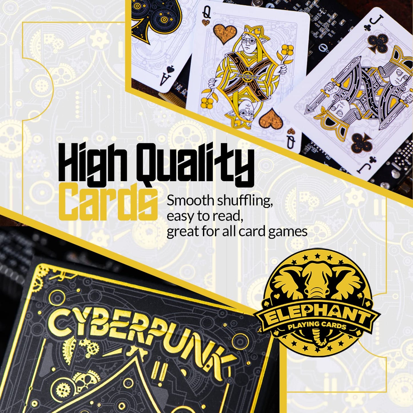 Cyberpunk Gold Playing Cards by Elephant - Unique Cardistry Deck for Kids & Adults, Includes Card Game e-Book, Perfect for Poker